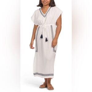 Rachel Zoe White and Navy Embroidered Cotton Kaftan Swim Cover-Up